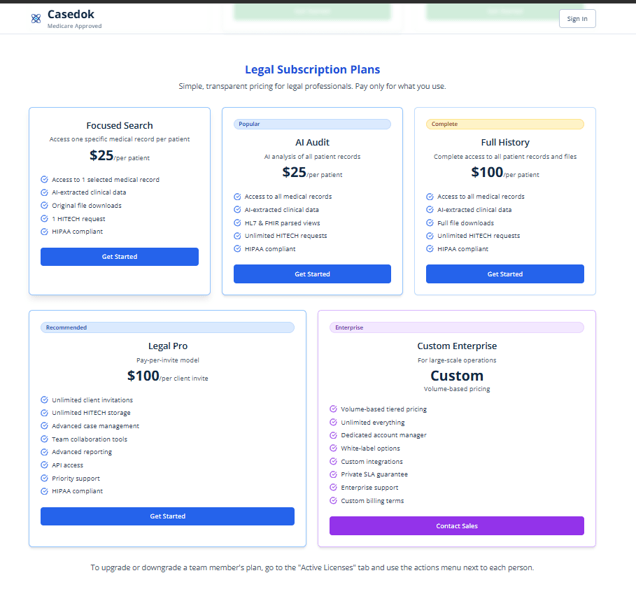Casedok legal subscription plans — tiered access for law firms