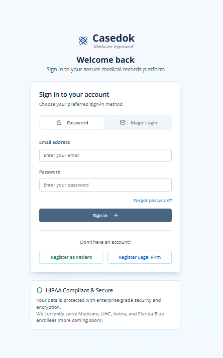 Casedok secure login — patient and legal professional portals