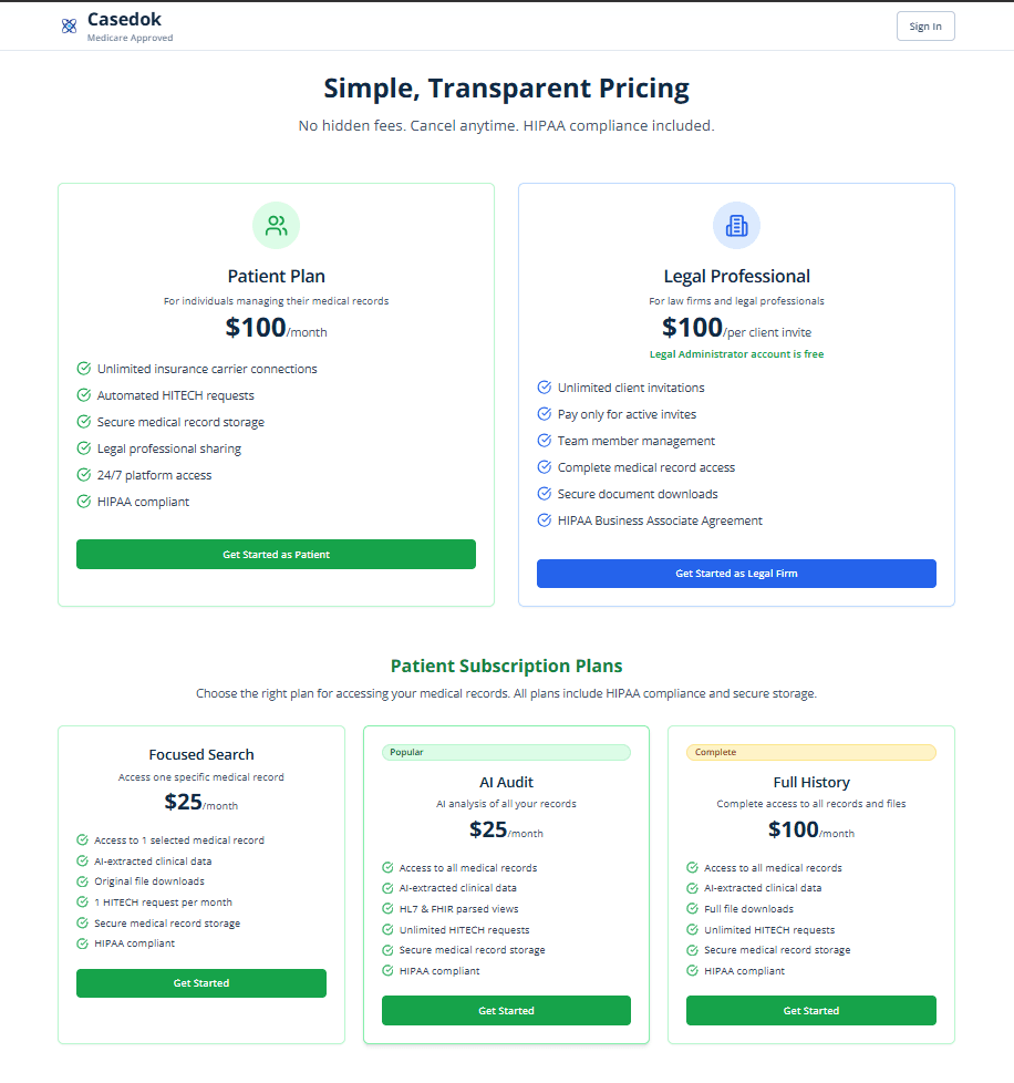 Casedok pricing — transparent plan tiers for patients and legal professionals